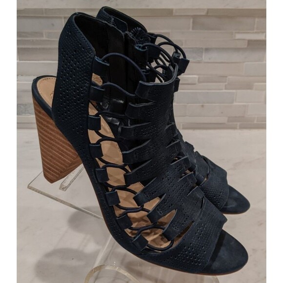 Women's Vince Camuto Eliaz Navy Blue Caged Peep Toe Cone Heel Sandals SZ 7 - Picture 2 of 14